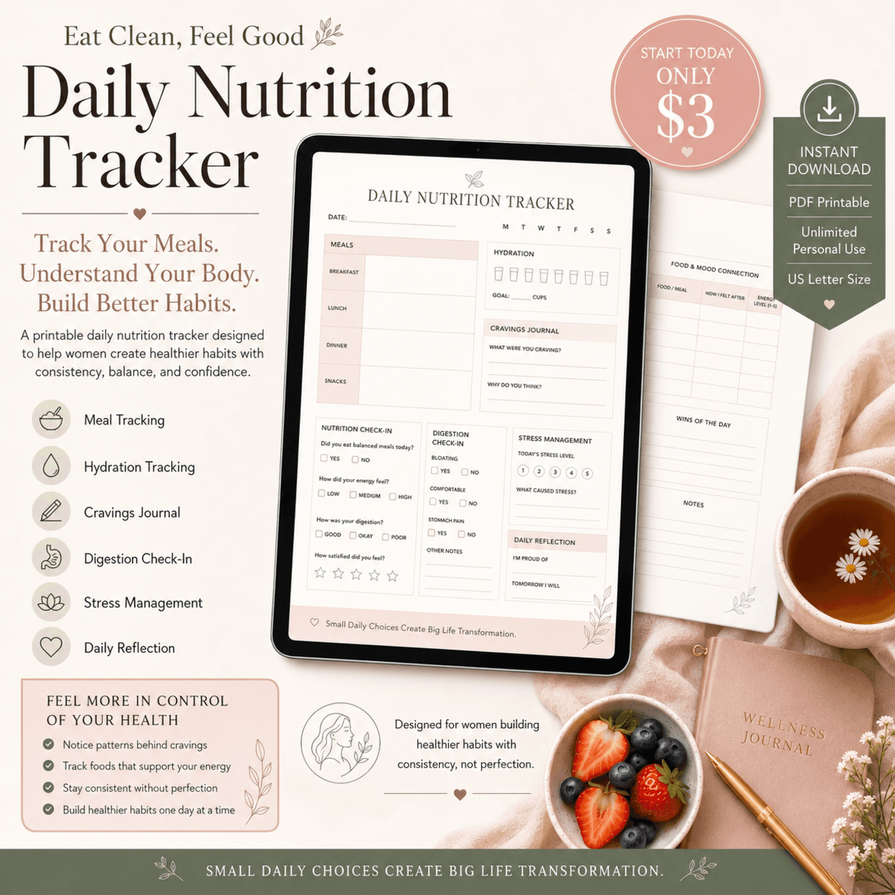 Eat Clean, Feel Good: Daily Nutrition Tracker Sample Page